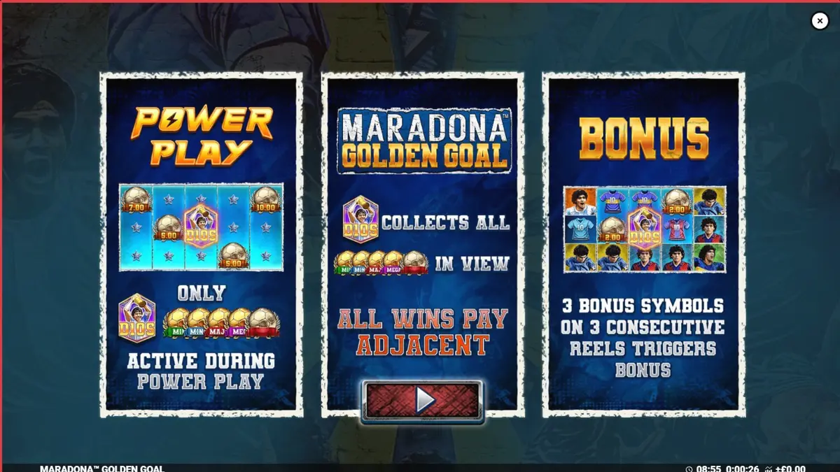 Tela de jogo do slot Maradona Golden Goal com elementos de futebol e jackpots