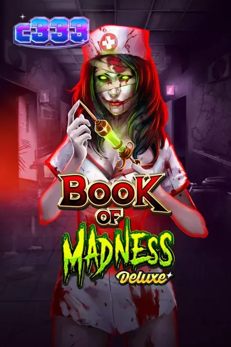 Captura de tela do slot Book Of Madness Deluxe, mostrando rolos com símbolos de lobisomens, zumbis e o livro místico em um cenário de asilo sombrio.